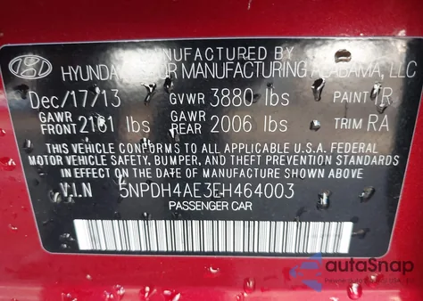 2014 Hyundai Elantra Se z USA, uszkodzony, nr VIN 5NPDH4AE3EH464003